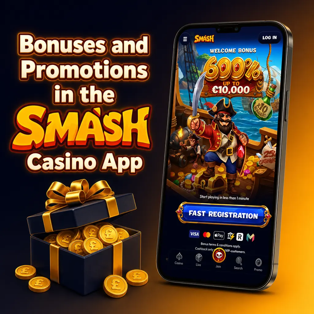 Smash Casino app welcome bonuses screen showing slots, live casino, sports and weekly reload offers