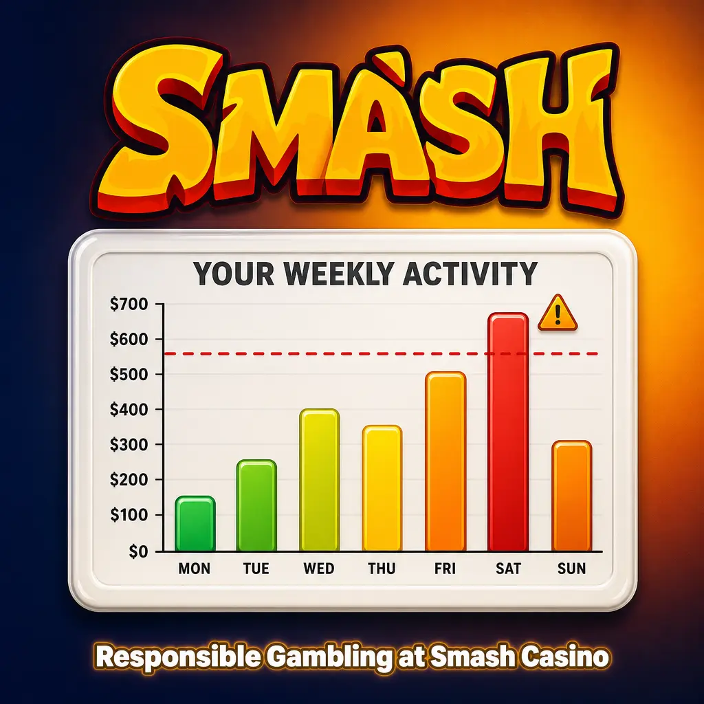 Smash Casino responsible gambling menu showing deposit limits, session reminders, loss limits, time out, and self-exclusion tools for UK players.