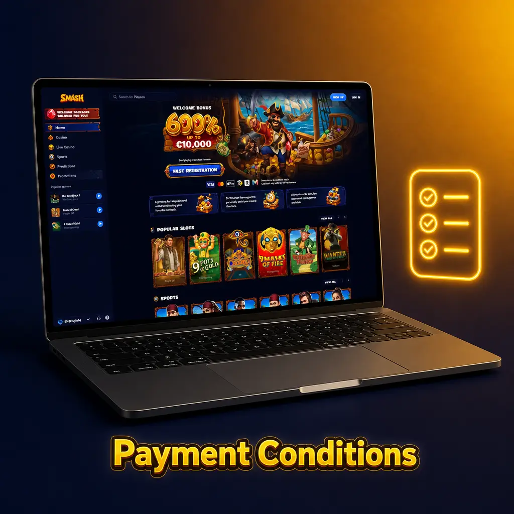 Smash Casino payment conditions: ID verification, matching payment methods, transaction limits, bonus wagering rules, and KYC/AML compliance checks.