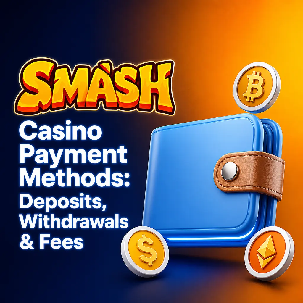 Table showing Smash Casino payment methods with deposit and withdrawal limits, processing times, and fees for cards, bank transfer, and crypto.